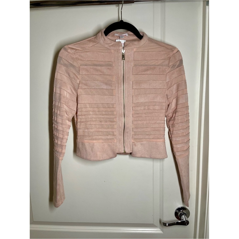 AGACI Womens Pink Cropped Zip Up Jacket Paneled Sheer Mesh Y2K Moto Small NWT